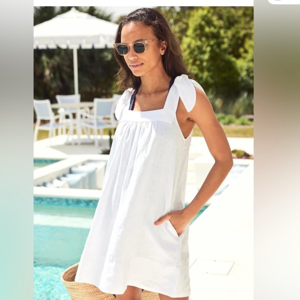 LAKE Pajamas White Linen Coco Cover-Up Dress Knot Tie Shoulders XXL - Picture 8 of 8